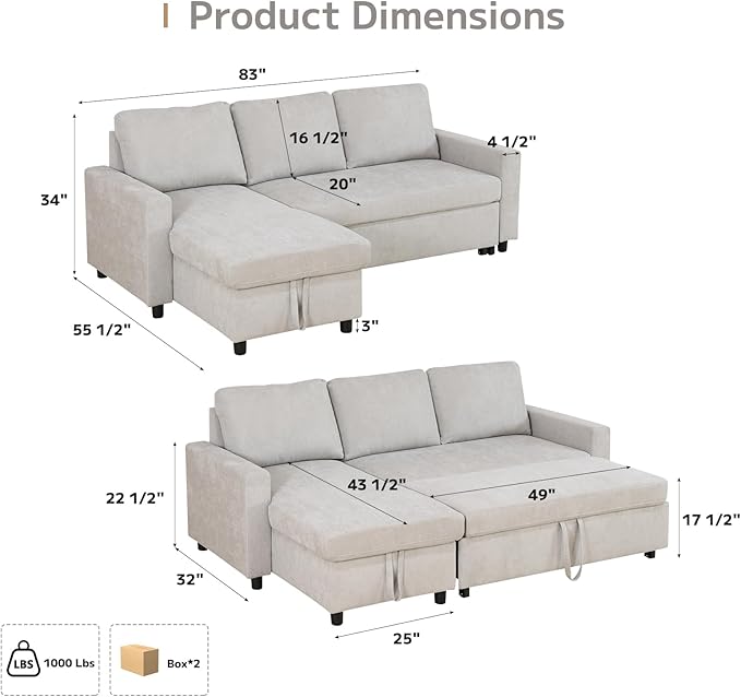 L-Shaped Sleeper Sofa with Chaise Lounge & Storage, Pull-Out Couch Bed with Recliner, Full Size Futon for Living Room, Office, Apartment Beige