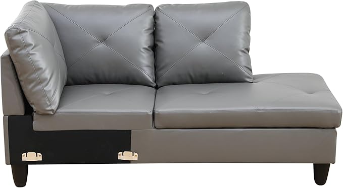 Faux Leather L-Shape Sectional Sofa, 3 Piece Couch with Storage Ottoman & Right Chaise Lounge, 97" Button Tufted Upholstered Corner Couch for Home, Living Room, Apartment, Dark Gray