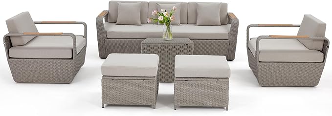 HOMREST 6 Pieces Patio Furniture Set, Outdoor Sectional Conversation Rattan Sofa Set with Ottoman and Outdoor Side Coffee Table for Garden, Porch, Backyard (Light Gray)