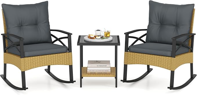 Tangkula 3 Pieces Outdoor Rocking Chairs Set, Rattan Heavy Duty Cushioned Rocker Chairs with 2-Tier Tempered Glass Coffee Table, for Garden, Balcony, Backyard (Yellow+Gray) by TANGKULA