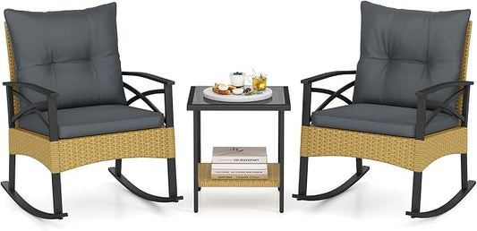 Tangkula 3 Pieces Outdoor Rocking Chairs Set, Rattan Heavy Duty Cushioned Rocker Chairs with 2-Tier Tempered Glass Coffee Table, for Garden, Balcony, Backyard (Yellow+Gray) by TANGKULA