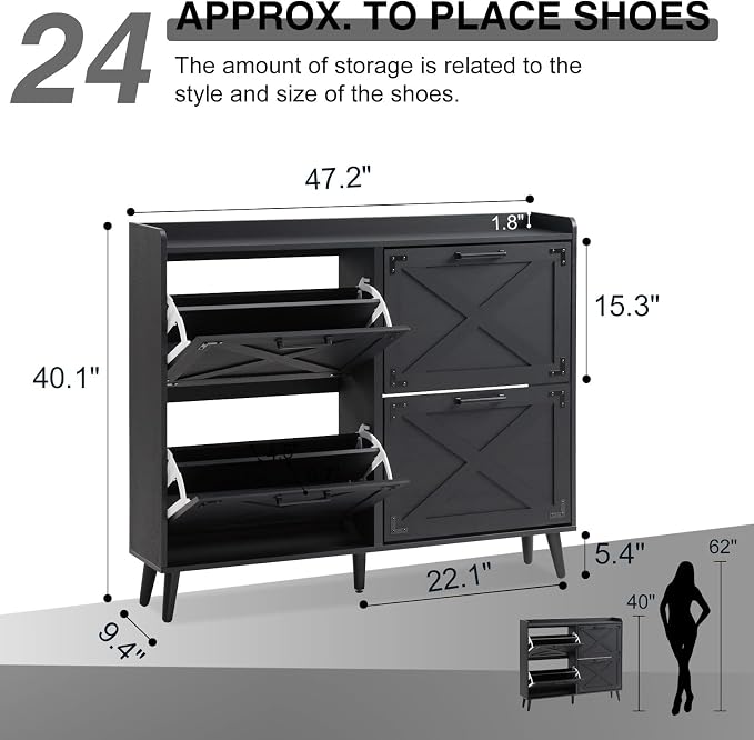 Barnyatoh Shoe Storage Cabinet,Farmhouse Shoe Organizer with 4 Flip Drawers & Barn Door Design,Freestanding Hidden Slim Narrow Shoe Rack Cabinet for Entryway,Foyer,Hallway,Black - Image 2
