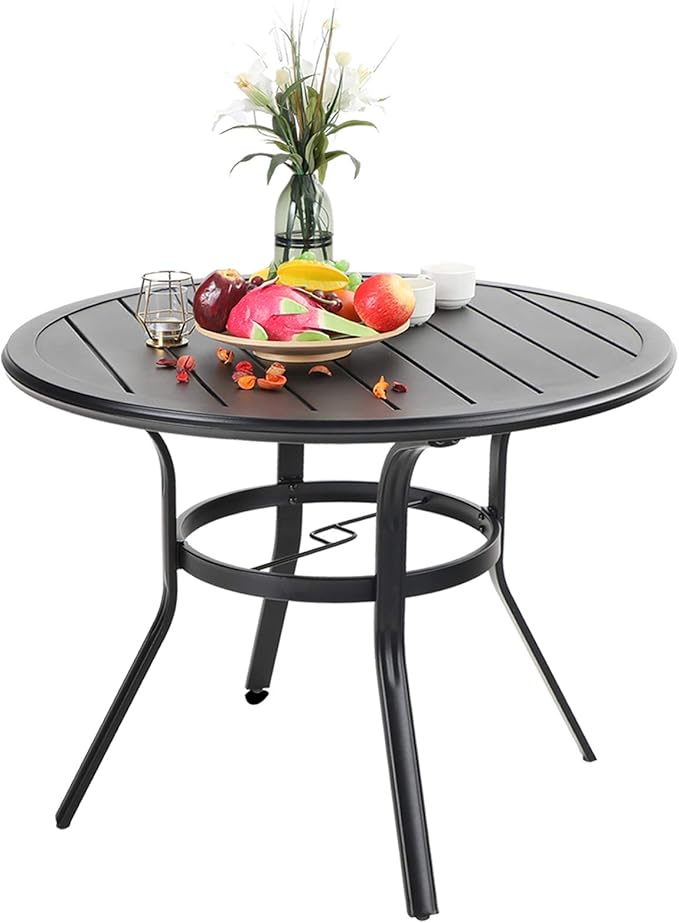 PHI VILLA 38 Inch Outdoor Round Dining Table, Metal Wrought Iron Slat Patio Table with 1.87" Umbrella Hole for Garden, Backyard and Porch (Black) by PHIVILLA