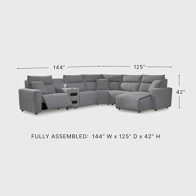 Signature Design by Ashley ModMax II Stain Resistant Contemporary U-Shaped 6-Piece Power Reclining Sectional Chaise and Audio Console, Adjustable Headrest, USB Ports, Storage and Cup Holders, Gray