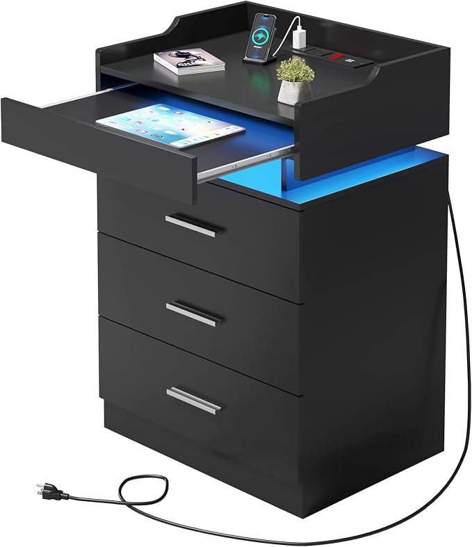 HAUOMS Large Nightstand with Charging Station and LED Light,Side Table with 3 Drawers & Pull-Out Shelf, Bedside End Table with USB Ports and Outlets, Black Night Stand for Bedroom - Image 7