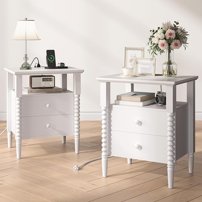 JOINICE White Night Stand Set 2, Vintage Nightstand with Charging Station, Bedside Table with 2 Drawers, End Table with Solid Wood Legs, Bed Side Tables for Bedroom, White by Joinice