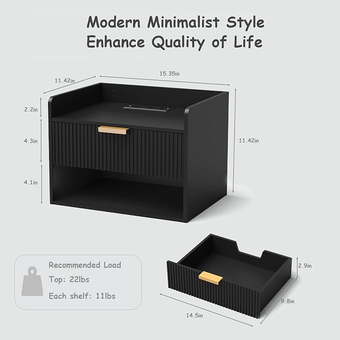 Arbuxzuy Floating Nightstand Set of 2, Wall Mounted Nightstand with Charging Station, Floating Bedside Table with Drawer, Minimalist Wooden Floating Night Stand for Bedroom (Black) - Image 2