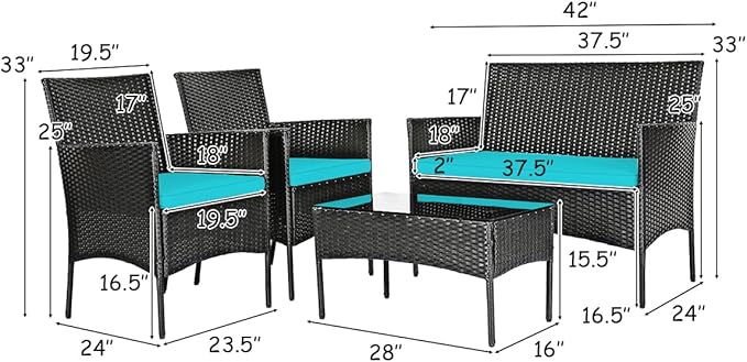 4 Pieces Patio Furniture Set, Outdoor Conversation Set with Ergonomic Curved Backrest, Patio Chair Set with Water-Resistant Cushion & Tempered Glass Table for Balcony,Porch (Turquoise)
