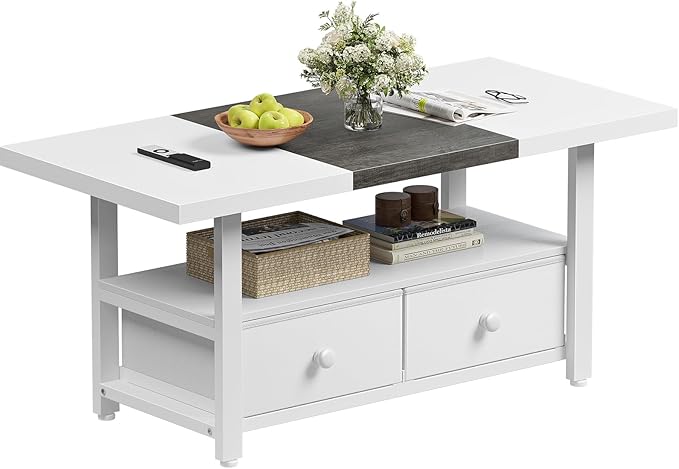 FABATO 2-Tier Coffee Table with Storage Shelf and 2 Drawers, 46'' Rectangular Center Table Wood Top for Living Room Reception Room, Metal Frame, Easy Assembly, Antique White