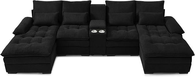 KEIKI U-Shaped 6 seat Sofa with Storage Console, Cup Holders, 130" Upholstered Sectional Sofa, Button Tufted Cloud Cushion Couch for Home, Office, Black