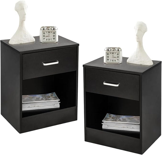 Karl home Nightstand Set of 2, Wood Nightstand for Bedroom, Bedside Table Set 2 with Open Shelf, Modern Night Stand Set of 2, End Table, Black by Karlhome