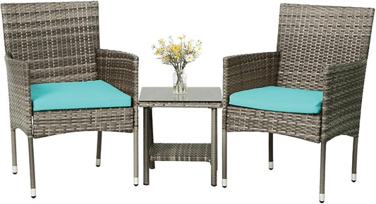 PayLessHere Set of 3 Outdoor Furniture Set Patio Furniture Set Gray Conversation Set with 2 Rattan Chairs Glass Coffee Table for Coffee Bar Poolside Patio Outdoor, Blue Cushions