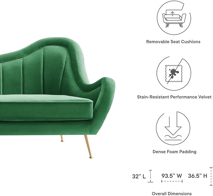Modway EEI-5874-EME Cheshire Channel Tufted Performance Velvet Sofa, Emerald