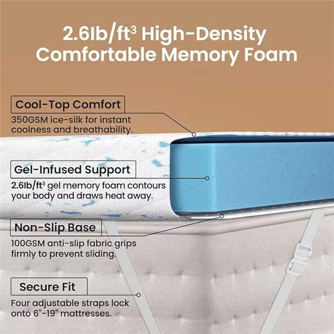 OhGeni 3 Inch Cooling Full Size Gel Memory Foam Mattress Topper Pad, Soft Bed Cover with Anti-Slip Base & Zipper, Fits 6"-19" Mattresses with Straps, Extra Comfort for Sleep & Back Pain Relief