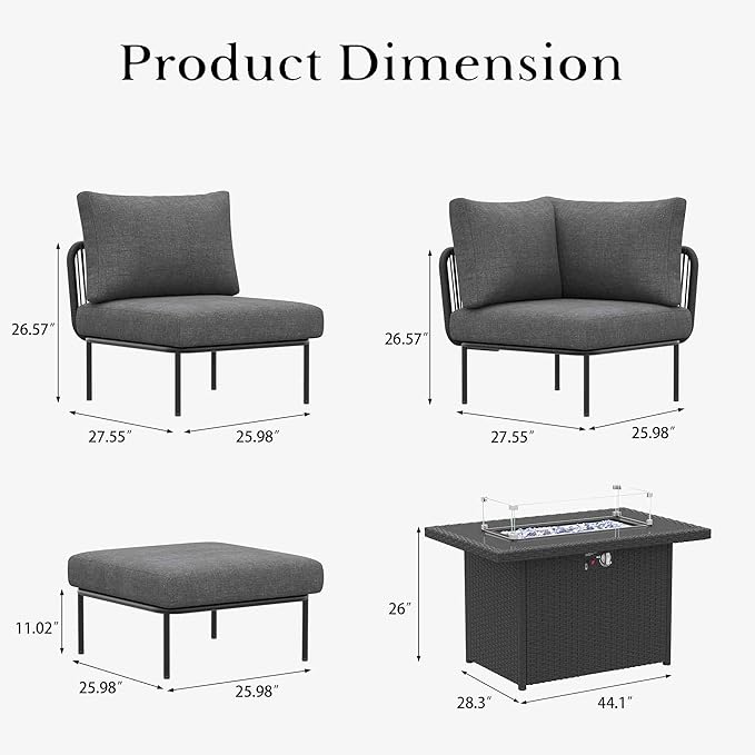 LayinSun 7 Pieces Aluminum Patio Furniture Set, Modern Modular Sectional Sofa with Fire Pit Table and Upgrade Thickness Cushion