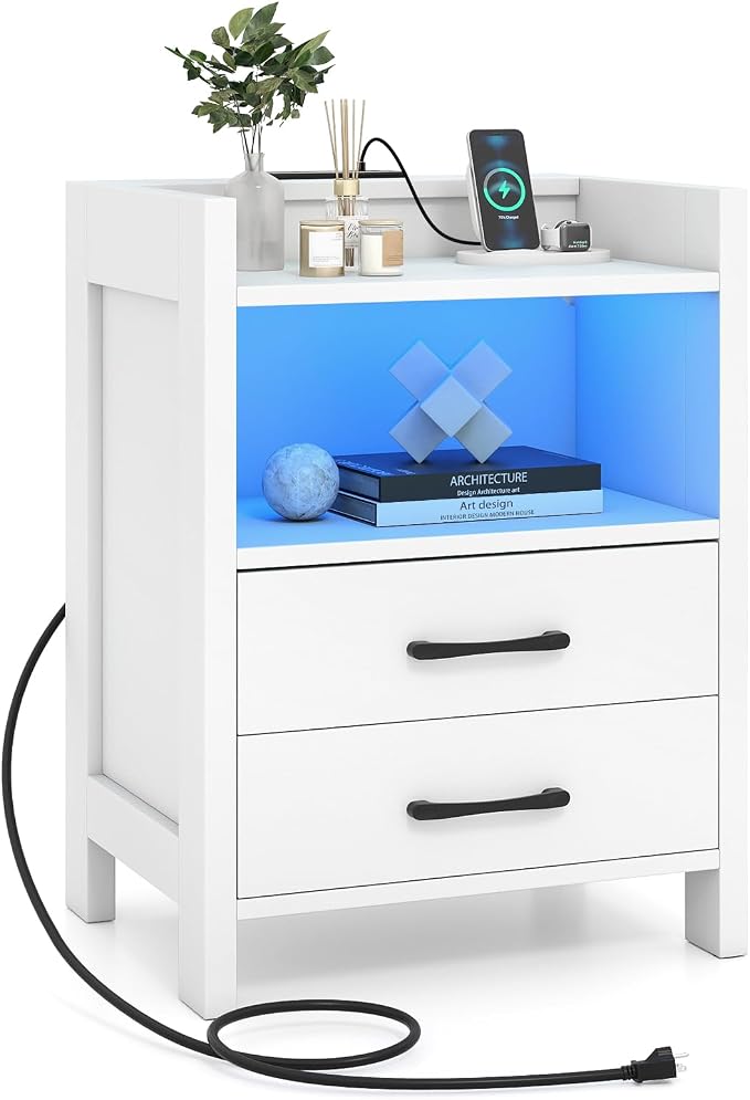 KOMFOTT Nightstand with LED Lights & Charging Station, 23.5” Smart Bedside Table with 2 Drawers & Open Storage Shelf, USB Port & Outlets, Modern End Side Table for Bedroom, White by KOMFOTT