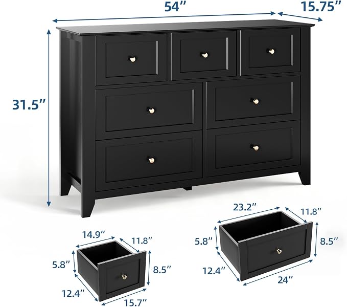 GarveeHome Black 7 Drawer Dresser for Bedroom, Simply Modern Chest of Drawers, Wood Storage Double Dresser with Deep Drawers for Living Room, Hallway Entryway - Image 2