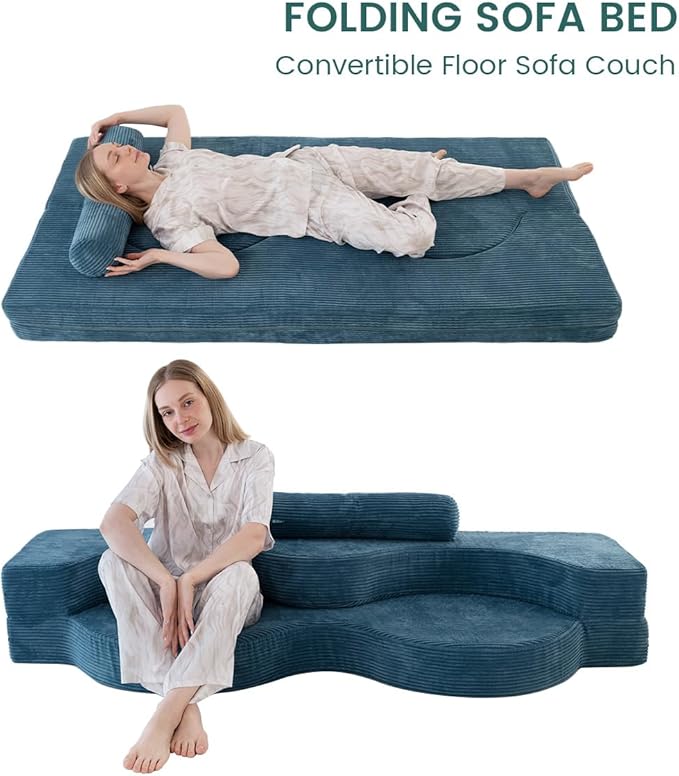 75" Folding Sofa Bed Convertible Futon, Twin Size Sleeper Couch, Washable Velvet Corduroy Cover & High-Density Foam, 2-in-1 Floor Mattress, No Assembly for Living Room/Dorm Blue