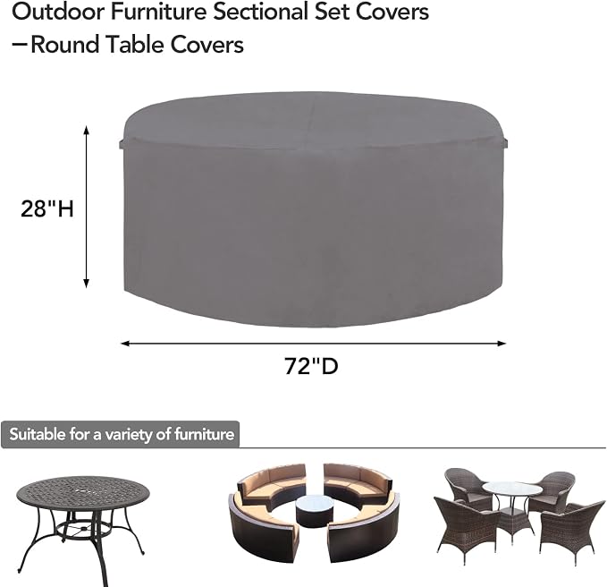 Easy-Going 600D Heavy Duty Round Patio Furniture Cover, Outdoor Table and Chair Set Cover, Waterproof Outdoor Sectional Furniture Set Cover (72"DIAx 28"H, Grey) - Image 2