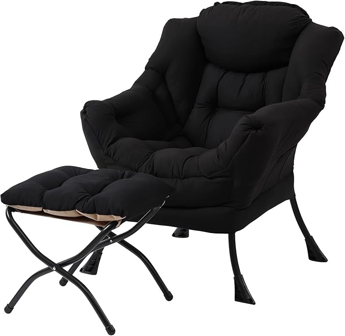 MBOOYOME Lazy Chair with Folding Ottoman, Modern Accent Lounge Armchair with Armrests and a Side Pocket & Foldable Footstool, Leisure Reading Chair for Living Room, Bedroom, Dorm & Office, Black