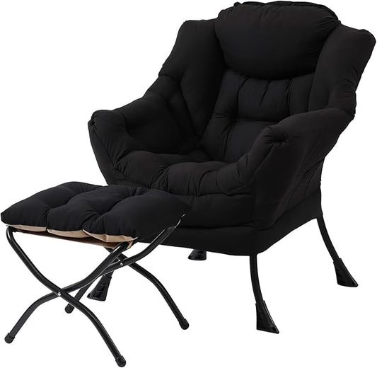 MBOOYOME Lazy Chair with Folding Ottoman, Modern Accent Lounge Armchair with Armrests and a Side Pocket & Foldable Footstool, Leisure Reading Chair for Living Room, Bedroom, Dorm & Office, Black
