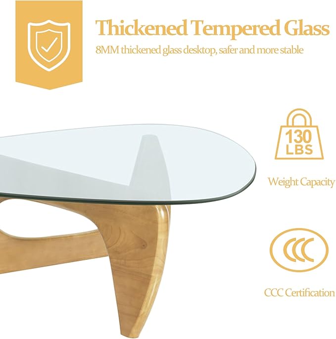 Modern Glass Coffee Table for Living Room, Small Coffee Table with Wood Legs, Mid Century Coffee Tables, Vintage Unique Center Table for Small Spaces Reception Office(Wood Transparent, 31.5in)