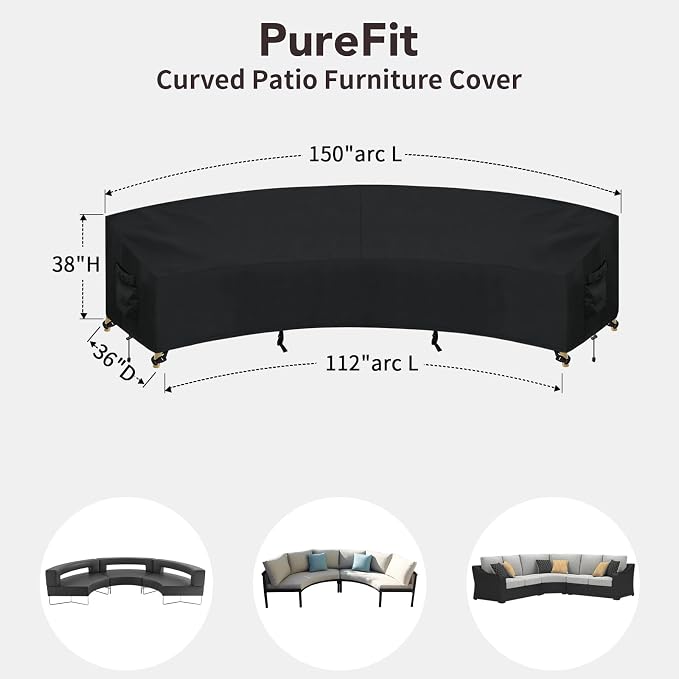 PureFit Outdoor Sectional Sofa Cover Waterproof Curved Patio Furniture Covers for Deck, Lawn and Backyard, 150Lx36Dx38Hx112FL, Black - Image 2