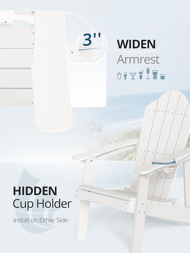 LUE BONA HDPE Adirondack Chairs Set of 8 - Salt-Spray Resistant Outdoor Seating with Cup Holder, Ideal for Poolside, Deck, Coastal Resort & Beachfront Property, White - Image 3
