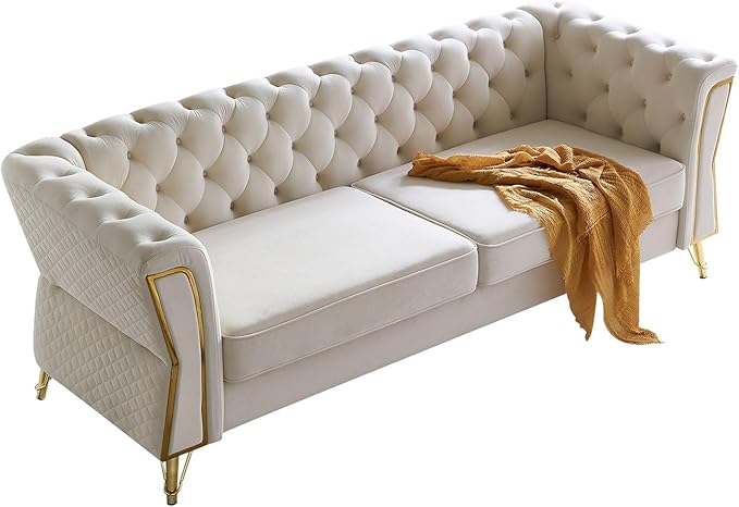 KEIKI 87" Chesterfield Velvet Button Tufted Sofa with High Density Foam Cushions, Modern Style 3-Seater Couch with Gold Strip Trim Decoration, Easy Assembly, for Apartment, Living Room, Office, Beige
