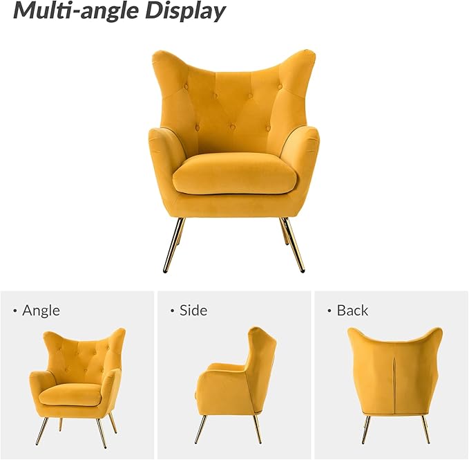 HULALA HOME Velvet Accent Chair Set of 2, Modern Wingback Arm Chair with Metal Gold Legs, Velvet Tufted Upholstered(Mustard)