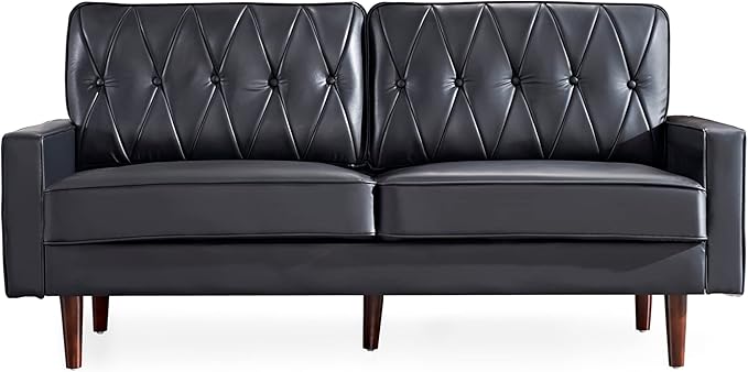 Container Furniture Modern Style Faux Leather Sofa with Elegant Round Tapered Legs and Button Tufted Backrest Perfect for Living Room, Bedroom or Home Office, 69.3’’ Wide, Black