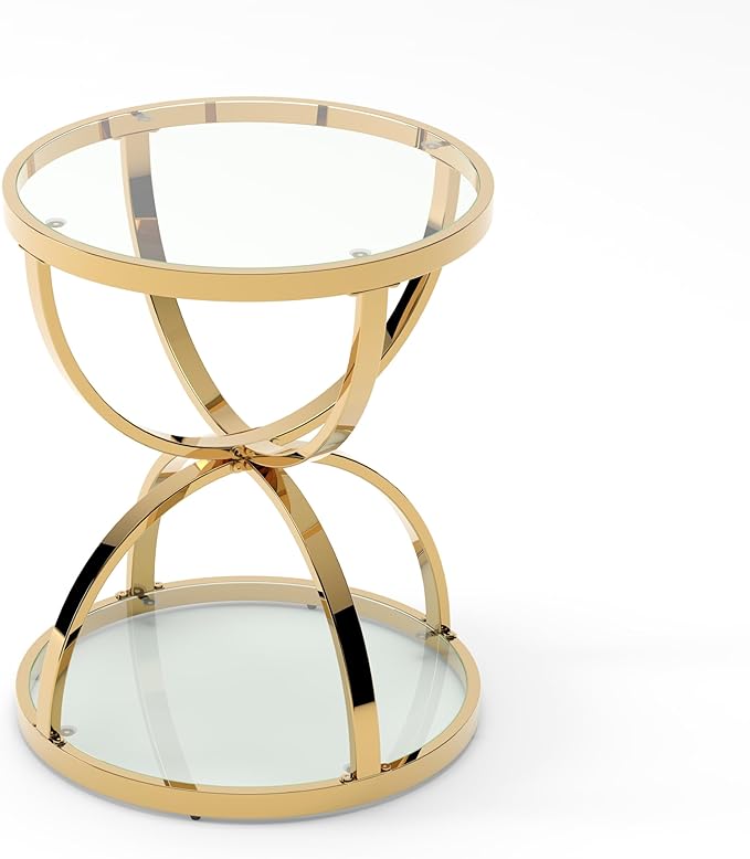 20" Tempered Glass Round Coffee Table Modern Gold Frame Dome Base Two Tiers Circle Small Living Room Center Tables