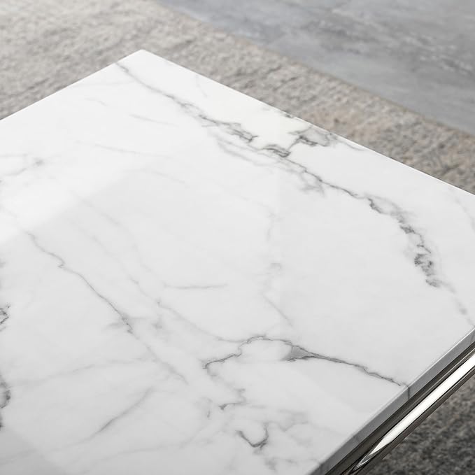 Modern Faux Marble End Table, Faux Marble Side Table with Geometric Frame, Rectangular Marble Center Table Tea Table Accent Furniture for Living Room, Simple Assembly (Silver)