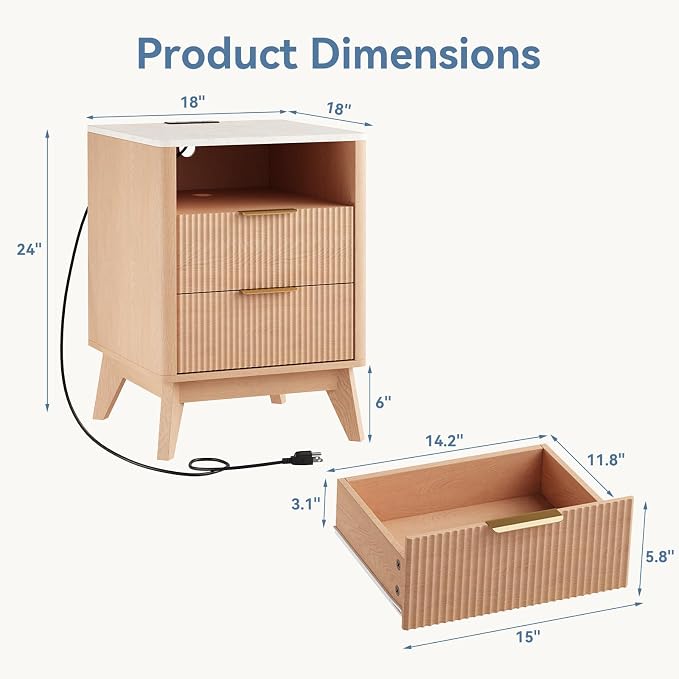 DUMOS Nightstand Set of 2 with Charging Station, 18" Bedside Table with with Faux Marble Top, Fluted Wood End Table with 2 Drawers, Mid-Century Modern Night Stand for Bedroom, Natural Oak - Image 2