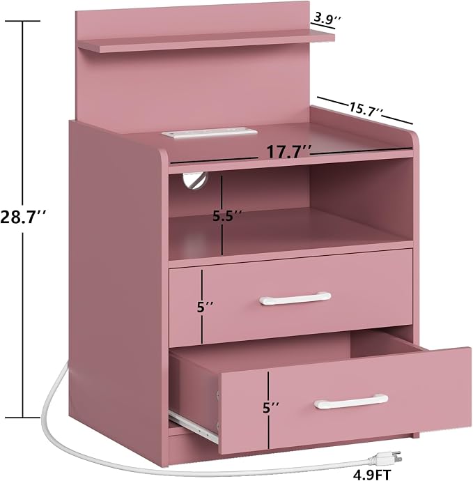 Nightstand Set of 2 with Charging Station and LED Lights, Bedside Table with 2 Drawers and Open Storage Shelf, 2 USB Ports and 2 AC Outlets, LED Night Stands for Bedroom Set of 2, Pink - Image 3
