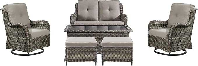 Patio Furniture Swivel Chairs Set - 6 Piece Wicker Rattan Outdoor Sectional Conversation Sets with 2 Swivel Rocking Chairs,2 Ottomans,1 Loveseat and 1 Coffee Table for Porch Deck(Mixed Grey/Grey)