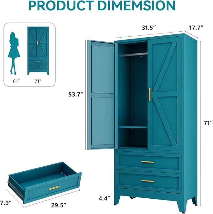 Metal Wardrobe Cabinet, 71" Tall Armoire Wardrobe Closet with 2 Drawers, Hanging Rod and Adjustable Shelf, Farmhouse Clothing Storage Cabinet for Bedroom, Laundry