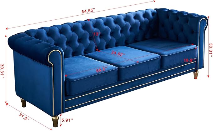 KEIKI 85" Chesterfield Velvet Tufted Button Sofa with Deep Seat Cushions and Rolled Arms, Modern Style 3-Seater Couch Decorated with Gold Strip, Easy Assembly, for Living Room, Bedroom, Office, Blue