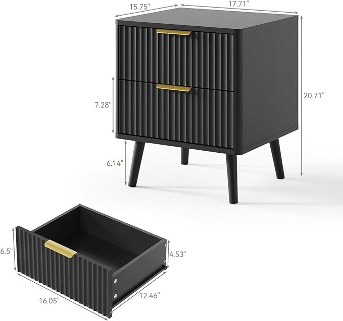 LYNSOM Fluted Dresser and Nightstand Sets 4 Piece, 2-Drawer Nightstands and 5/7 Drawers Dresser, Wood Bedroom Furniture Set for Home, Bedroom, Hallway, Black