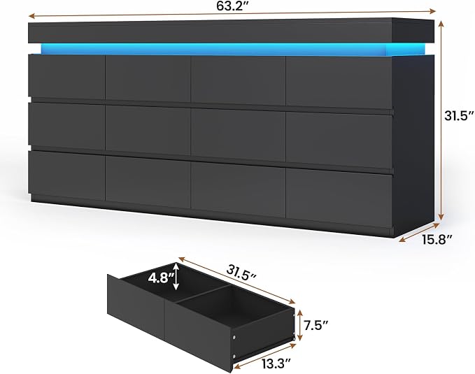 HAUOMS 12 Drawer Dresser with LED Light, Black Modern Chest of Drawers for Bedroom,Long Dresser with Drawers for Living Room, Entryway, Hallway - Image 2
