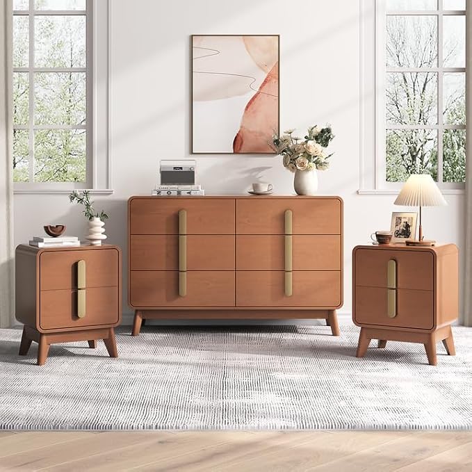 JOINICE Night Stand Set 2, Mid Century Modern Bedside Table with Drawers, Curved Profile Design End Table with Metal Handle, Nightstand Set of 2 with Storage, Bed Side Tables for Bedroom, Cherry by Joinice
