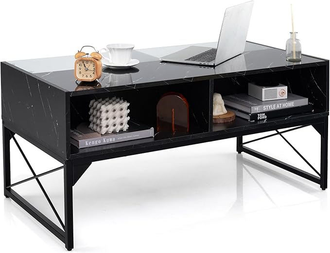 Giantex LED Coffee Table, High Gloss Coffee Tables with 4 Storage Cubes, 20-Color Lights, Remote Control, Faux Marble & Tempered Glass Top, Modern Accent Rectangle Center Table for Living Room (Black)