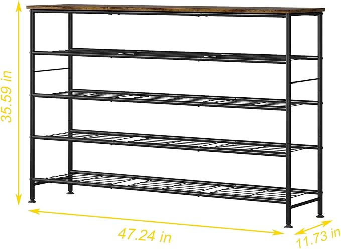 SUOERNUO Shoe Rack 5 Tier Shoe Storage Organizer Metal Mesh Shelves with MDF Top Board for Entryway, Hallway, Closet,Bedroom，Living Room (Black+Rustic Brown, Large 5 Tier) - Image 3