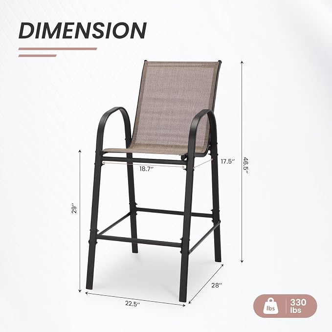 HOMREST Outdoor Bar Height Stools Set of 8,High Back Patio Chairs with Armrests,Textilene Chairs with Breathable Fabric & Metal Frame for All Weather,Taupe - Image 2
