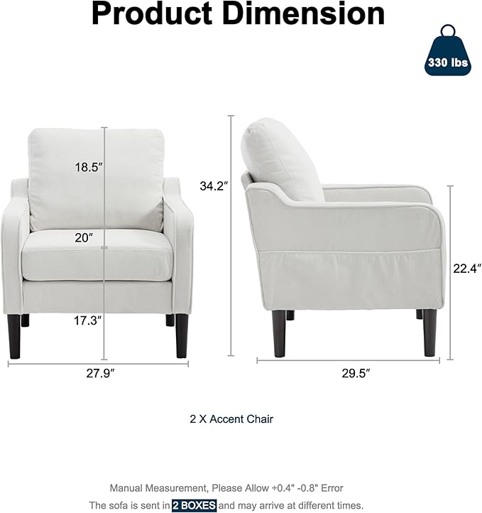 Ribilake Cream Accent Chair Set of 2 - Upholstered Armchair with Side Pockets, Comfy Living Room Arm Chair, Reading Accent Chairs for Bedroom, Living Room, Apartment, Office