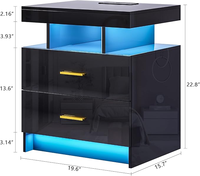 HNEBC Auto LED Nightstands Set of 2,Modern Bedside Table with USB Ports & Wireless Charging Station,High Gloss Bedside Tables with 2 Drawers,Nightstands for Bedrooms/Living Room/Office (Black) - Image 3