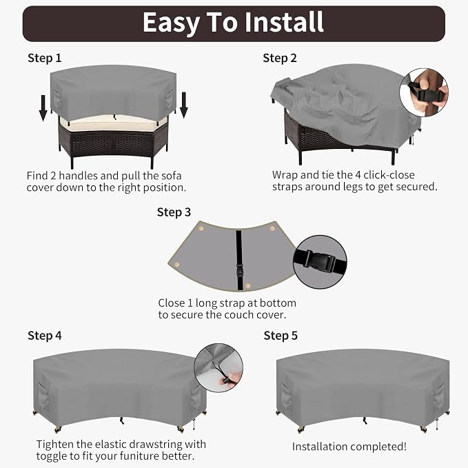 PureFit Outdoor Sectional Sofa Cover Waterproof Curved Patio Furniture Covers for Deck, Lawn and Backyard, 90Lx34Dx32Hx46FL, Grey - Image 7