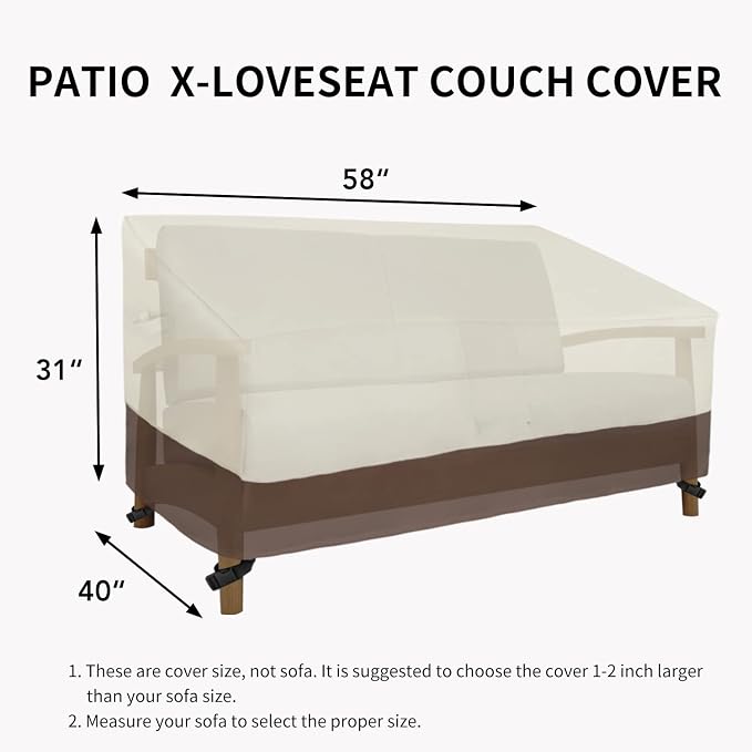 Easy-Going Waterproof Outdoor Loveseat, Heavy Duty 2-Seater Patio Couch, Windproof Furniture Cover with Air Vent (58Wx40Dx31H inch, Beige/Dark Brown) - Image 6