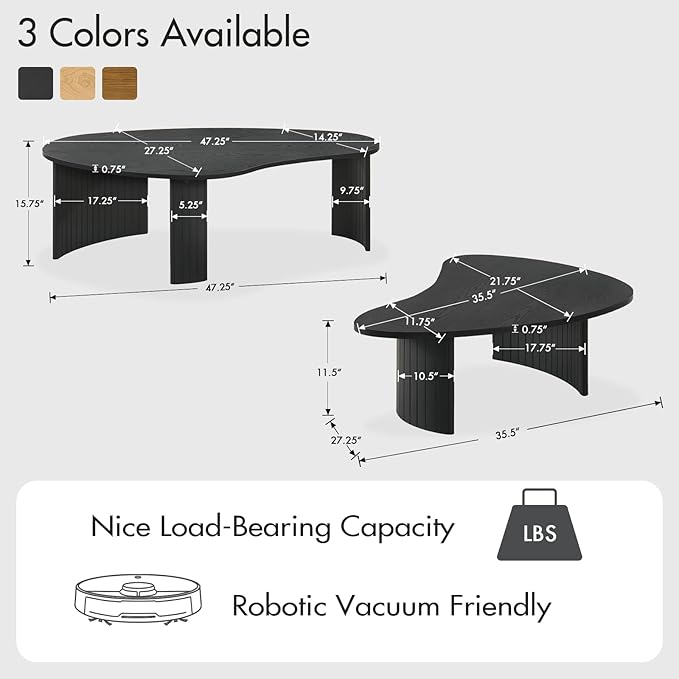 2-Piece Irregular Mango Nesting Coffee Table Set, Black Solid Wood Coffee Tables with Fluted Legs, Modern Minimalist Accent Tables for Living Room, Bedroom & Small Apartments