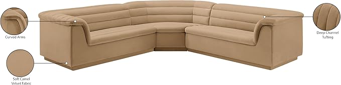 Meridian Furniture 194Camel-Sectional Cascade Collection Modern | Contemporary Modular Sectional with Soft Camel Velvet Fabric, Deep Channel Tufting, Curved Arms, 148" W x 80" D x 28" H, Camel
